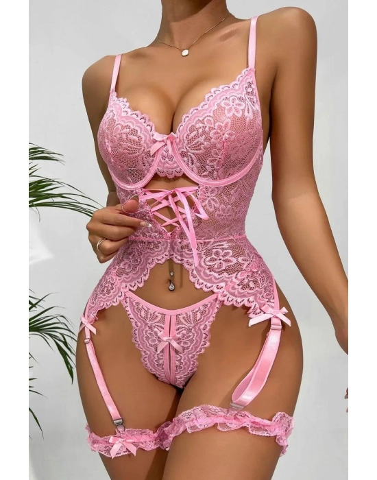 Özel Tasarım Dantelli Fantezi Pembe Jartiyer Takımı