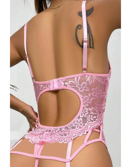 Özel Tasarım Dantelli Fantezi Pembe Jartiyer Takımı