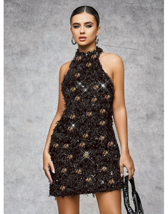 Özel Tasarım Gümüş Işıltılı Sırt Dekolteli Fantezi Mini Club Elbisesi