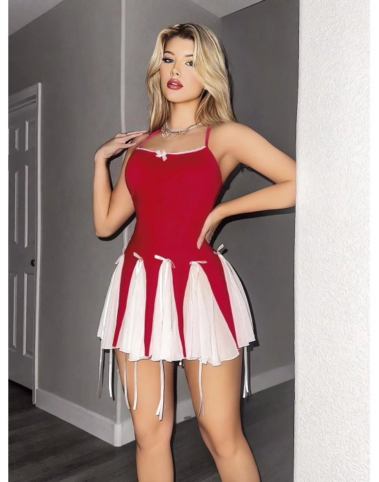 Özel Tasarım Kırmızı Etekleri Beyaz Pileli Elbisesi