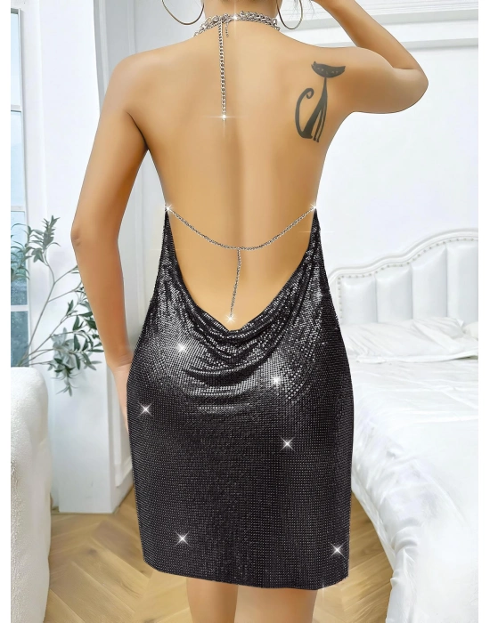 Özel Tasarım Siyah Payetli Zincir Detaylı Parlak Işıltılı Sırt Dekolteli Fantezi Mini Club Elbisesi