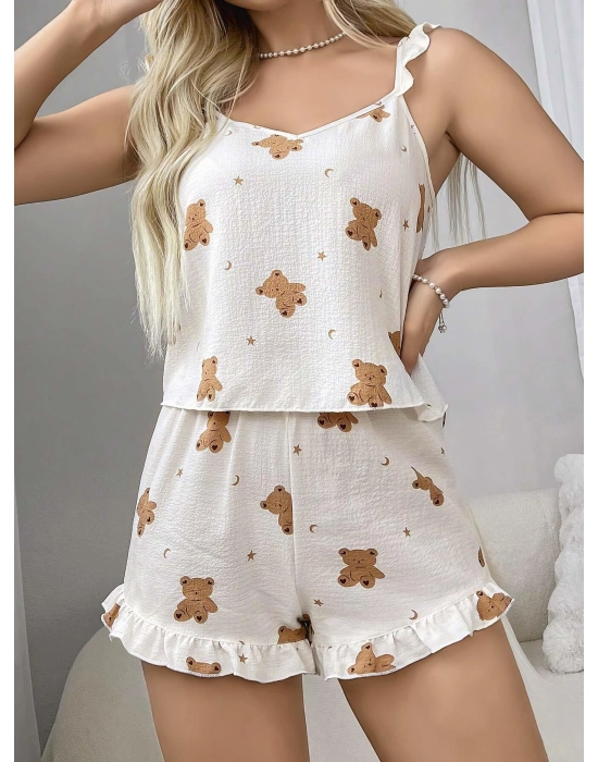 Pamuklu Ayıcık Desen Fırfırlı Askılı Şortlu Pijama Takımı
