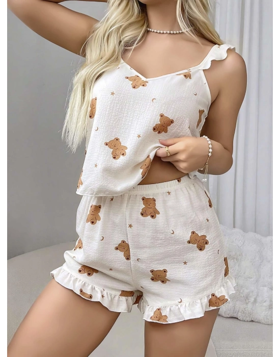 Pamuklu Ayıcık Desen Fırfırlı Askılı Şortlu Pijama Takımı