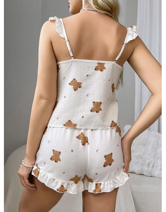 Pamuklu Ayıcık Desen Fırfırlı Askılı Şortlu Pijama Takımı