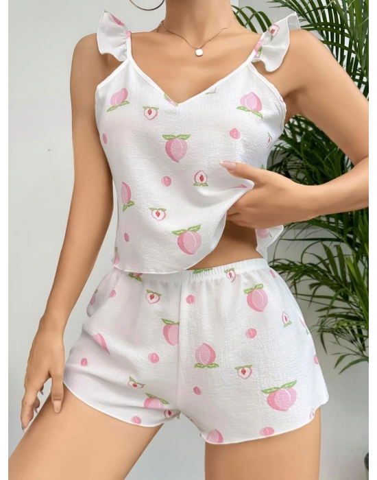 Pamuklu Beyaz Üstüne Çiçek Desen Fırfır Askılı Şortlu Pijama Takımı