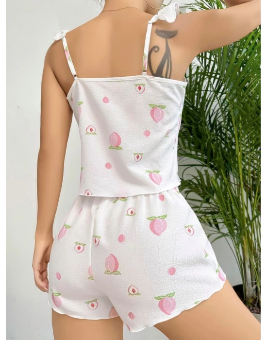 Pamuklu Beyaz Üstüne Çiçek Desen Fırfır Askılı Şortlu Pijama Takımı