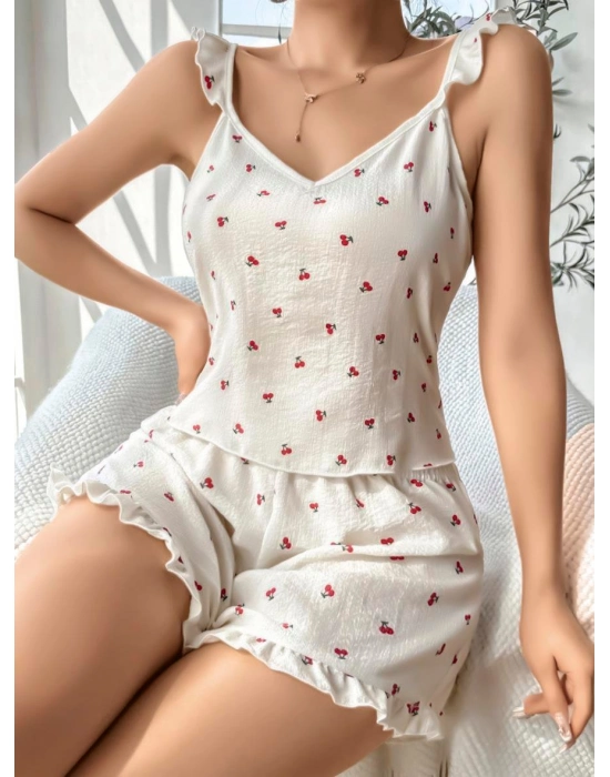 Pamuklu Beyaz Üstüne Kiraz Desen Fırfır Askılı Şortlu Pijama Takımı