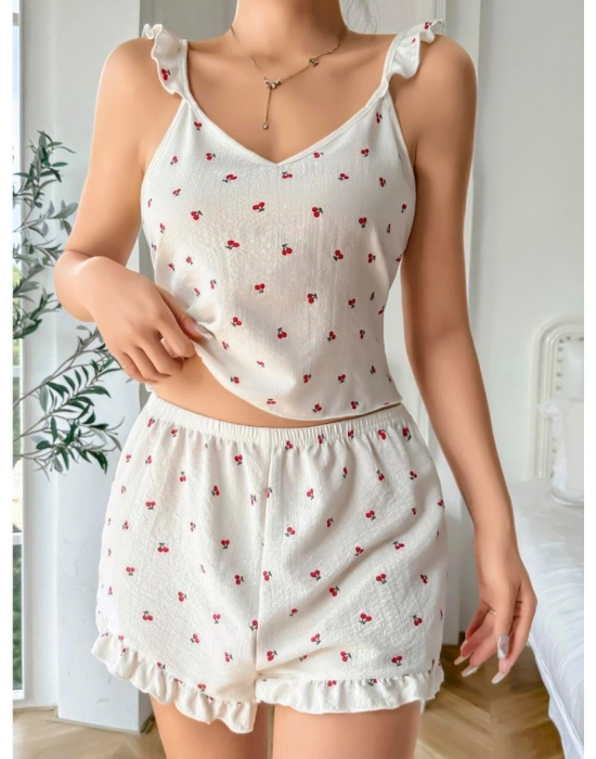 Pamuklu Beyaz Üstüne Kiraz Desen Fırfır Askılı Şortlu Pijama Takımı