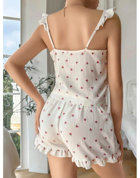 Pamuklu Beyaz Üstüne Kiraz Desen Fırfır Askılı Şortlu Pijama Takımı