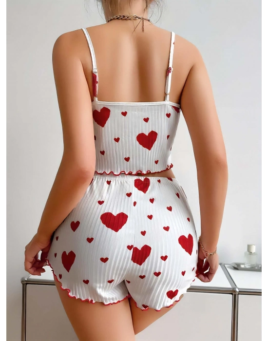 Pamuklu Beyaz Üstüne Kırmızı Kalp Desenli Askılı Şortlu Pijama Takımı