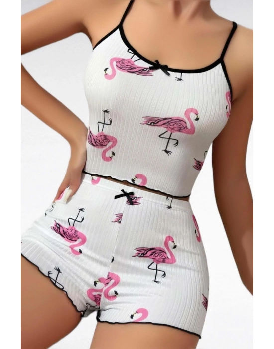 Pamuklu Beyaz Üstüne Pelikan Desen Fitilli Askılı Şortlu Pijama Takımı