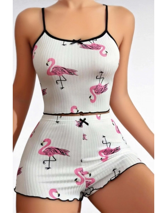 Pamuklu Beyaz Üstüne Pelikan Desen Fitilli Askılı Şortlu Pijama Takımı