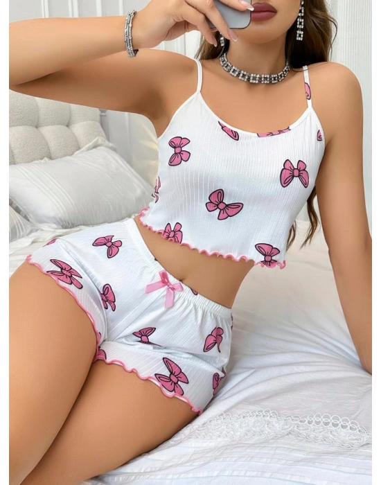 Pamuklu Beyaz Üstüne Pembe Kurdela Desenli Fitilli Askılı Şortlu Pijama Takımı