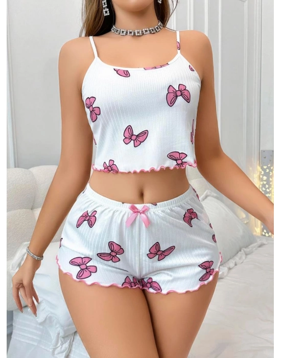 Pamuklu Beyaz Üstüne Pembe Kurdela Desenli Fitilli Askılı Şortlu Pijama Takımı