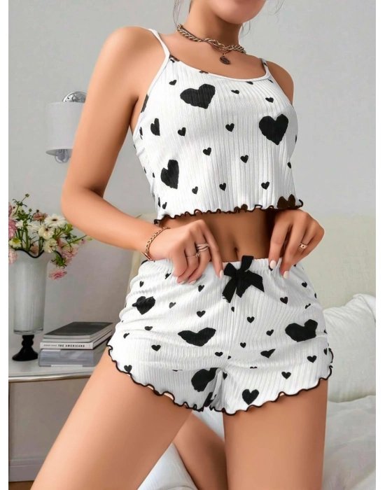 Pamuklu Beyaz Üstüne Siyah Kalp Desen Fitilli Askılı Şortlu Pijama Takımı