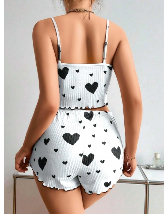Pamuklu Beyaz Üstüne Siyah Kalp Desen Fitilli Askılı Şortlu Pijama Takımı