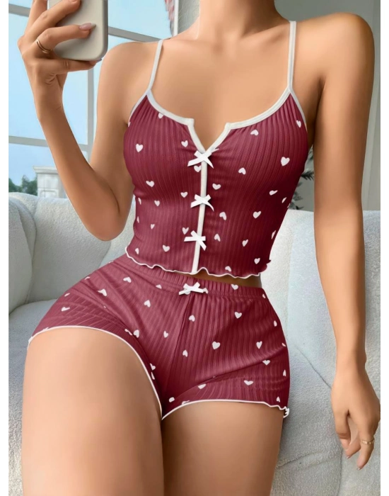 Pamuklu Kahverengi Üstüne Beyaz Kalp Desen Fitilli Askılı Şortlu Pijama Takımı