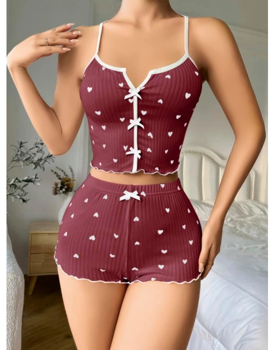 Pamuklu Kahverengi Üstüne Beyaz Kalp Desen Fitilli Askılı Şortlu Pijama Takımı