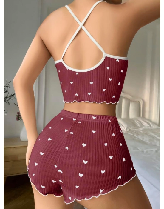 Pamuklu Kahverengi Üstüne Beyaz Kalp Desen Fitilli Askılı Şortlu Pijama Takımı