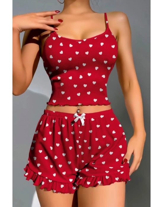 Pamuklu Kırmızı Üstüne Beyaz Kalp Desen Fitilli Askılı Şortlu Pijama Takımı