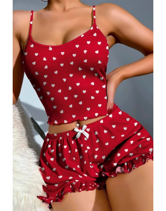 Pamuklu Kırmızı Üstüne Beyaz Kalp Desen Fitilli Askılı Şortlu Pijama Takımı