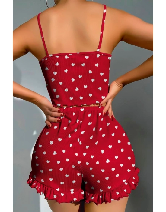 Pamuklu Kırmızı Üstüne Beyaz Kalp Desen Fitilli Askılı Şortlu Pijama Takımı