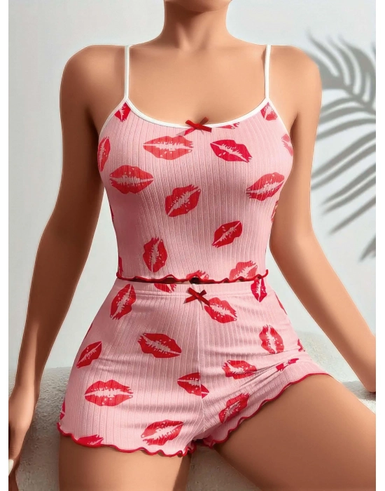 Pamuklu Kiss Öpücük Desen Pembe Şortlu Pijama Takımı