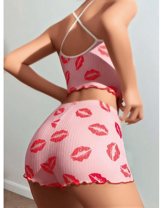 Pamuklu Kiss Öpücük Desen Pembe Şortlu Pijama Takımı