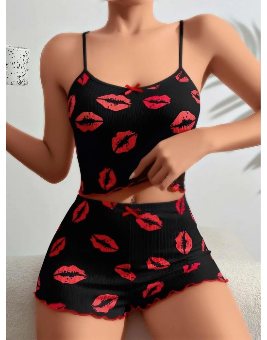 Pamuklu Kiss Öpücük Desen Siyah Fitilli Şortlu Pijama Takımı