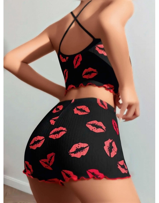 Pamuklu Kiss Öpücük Desen Siyah Fitilli Şortlu Pijama Takımı