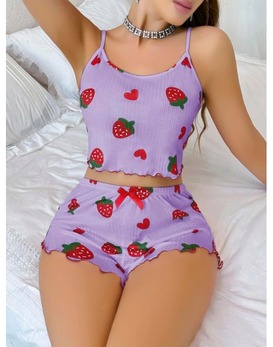 Pamuklu Lila Üstüne Çilek Desen Fitilli Askılı Şortlu Pijama Takımı