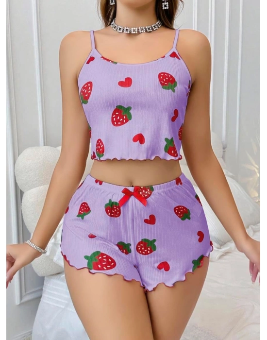 Pamuklu Lila Üstüne Çilek Desen Fitilli Askılı Şortlu Pijama Takımı