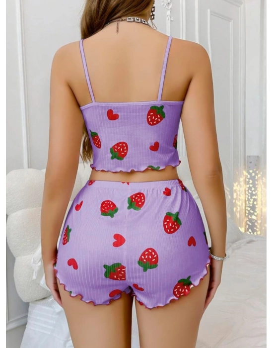 Pamuklu Lila Üstüne Çilek Desen Fitilli Askılı Şortlu Pijama Takımı