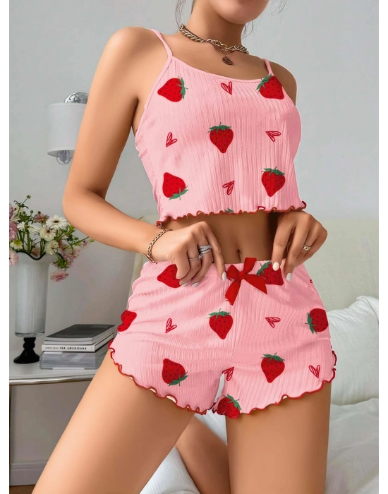 Pamuklu Pembe Üstüne Çilek Desen Fitilli Askılı Şortlu Pijama Takımı