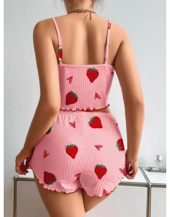 Pamuklu Pembe Üstüne Çilek Desen Fitilli Askılı Şortlu Pijama Takımı