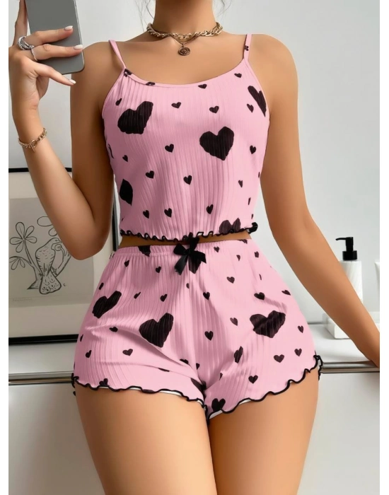 Pamuklu Pembe Üstüne Siyah Kalp Desenli Askılı Fitilli Şortlu Pijama Takımı
