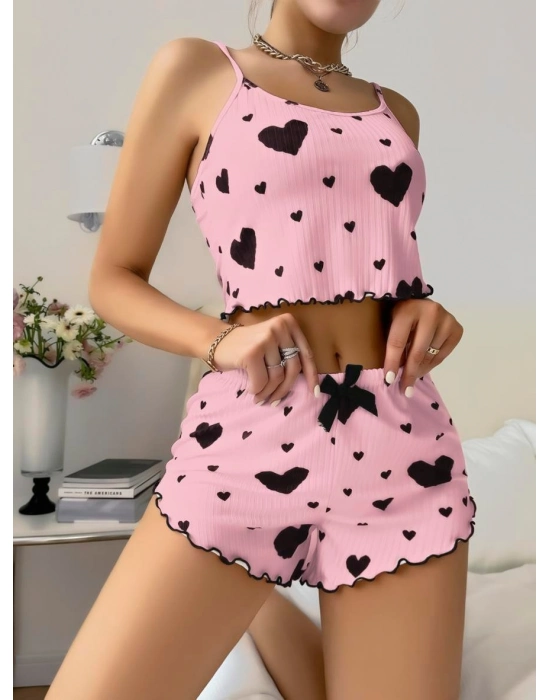 Pamuklu Pembe Üstüne Siyah Kalp Desenli Askılı Fitilli Şortlu Pijama Takımı