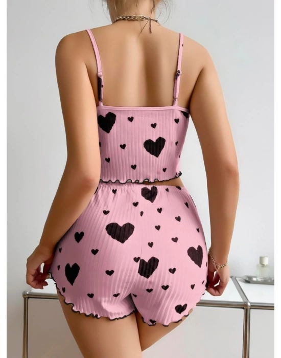 Pamuklu Pembe Üstüne Siyah Kalp Desenli Askılı Fitilli Şortlu Pijama Takımı