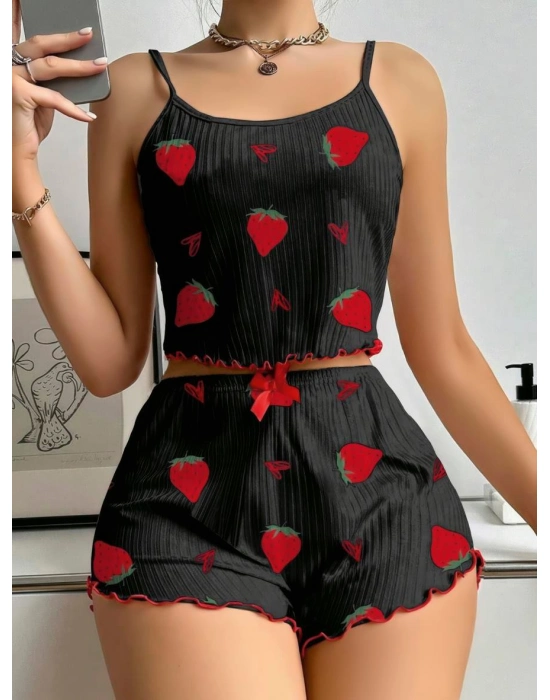 Pamuklu Siyah Üstüne Çilek Desen Fitilli Askılı Şortlu Pijama Takımı