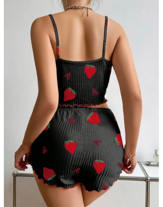 Pamuklu Siyah Üstüne Çilek Desen Fitilli Askılı Şortlu Pijama Takımı