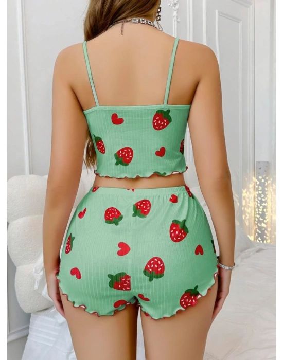 Pamuklu Yeşil Üstüne Çilek Desen Fitilli Askılı Şortlu Pijama Takımı