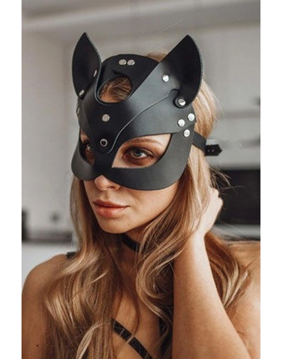 Pamuktenim Özel Tasarım Kedi Maskeli Deri Fantezi Harness 7347