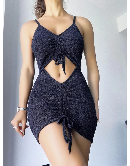 Parıltılı Kumaşlı Fantezi Büzgülü Elbise