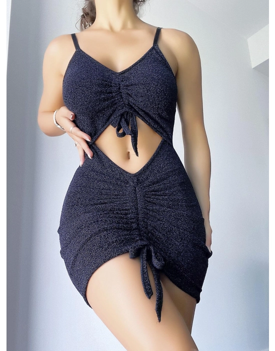 Parıltılı Kumaşlı Fantezi Büzgülü Elbise