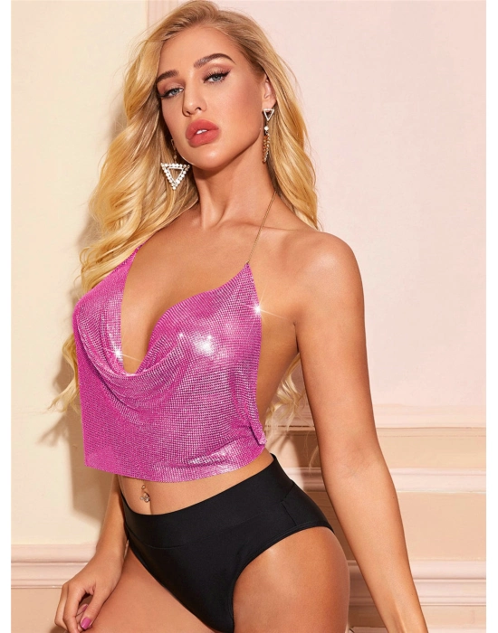 Parlak Fuşya Crop & Bluz Kolsuz Kayık Yaka Zırh Büstiyer