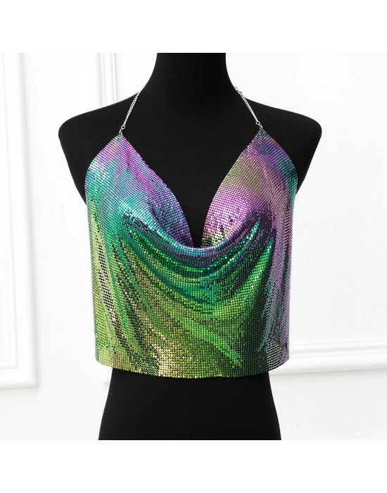 Parlak Gökuşağı Crop & Bluz Kolsuz Kayık Yaka Zırh Büstiyer