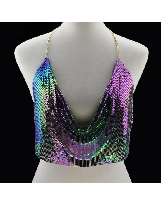 Parlak Gökuşağı Crop & Bluz Kolsuz Kayık Yaka Zırh Büstiyer