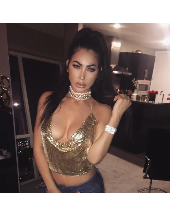 Parlak Gold Crop & Bluz Kolsuz Kayık Yaka Zırh Büstiyer