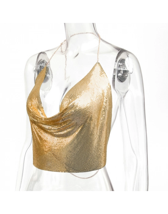Parlak Gold Crop & Bluz Kolsuz Kayık Yaka Zırh Büstiyer