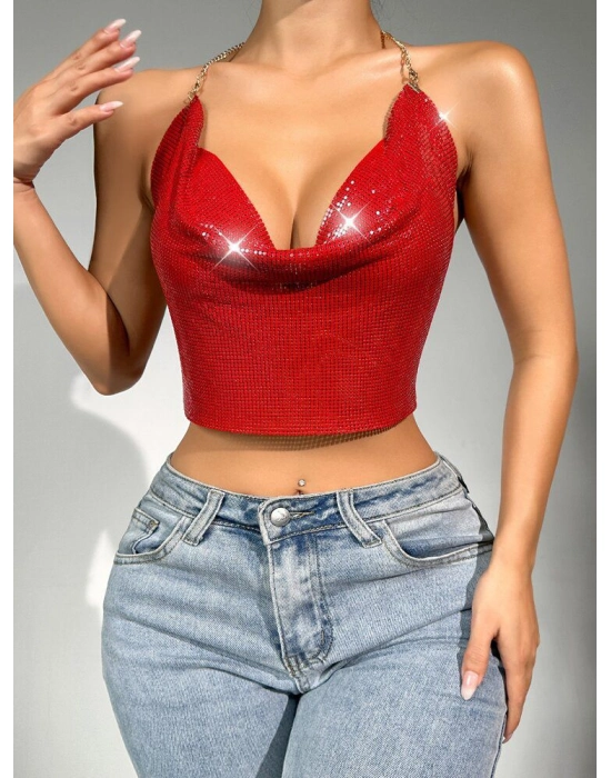 Parlak Kırmızı Crop & Bluz Kolsuz Kayık Yaka Zırh Büstiyer